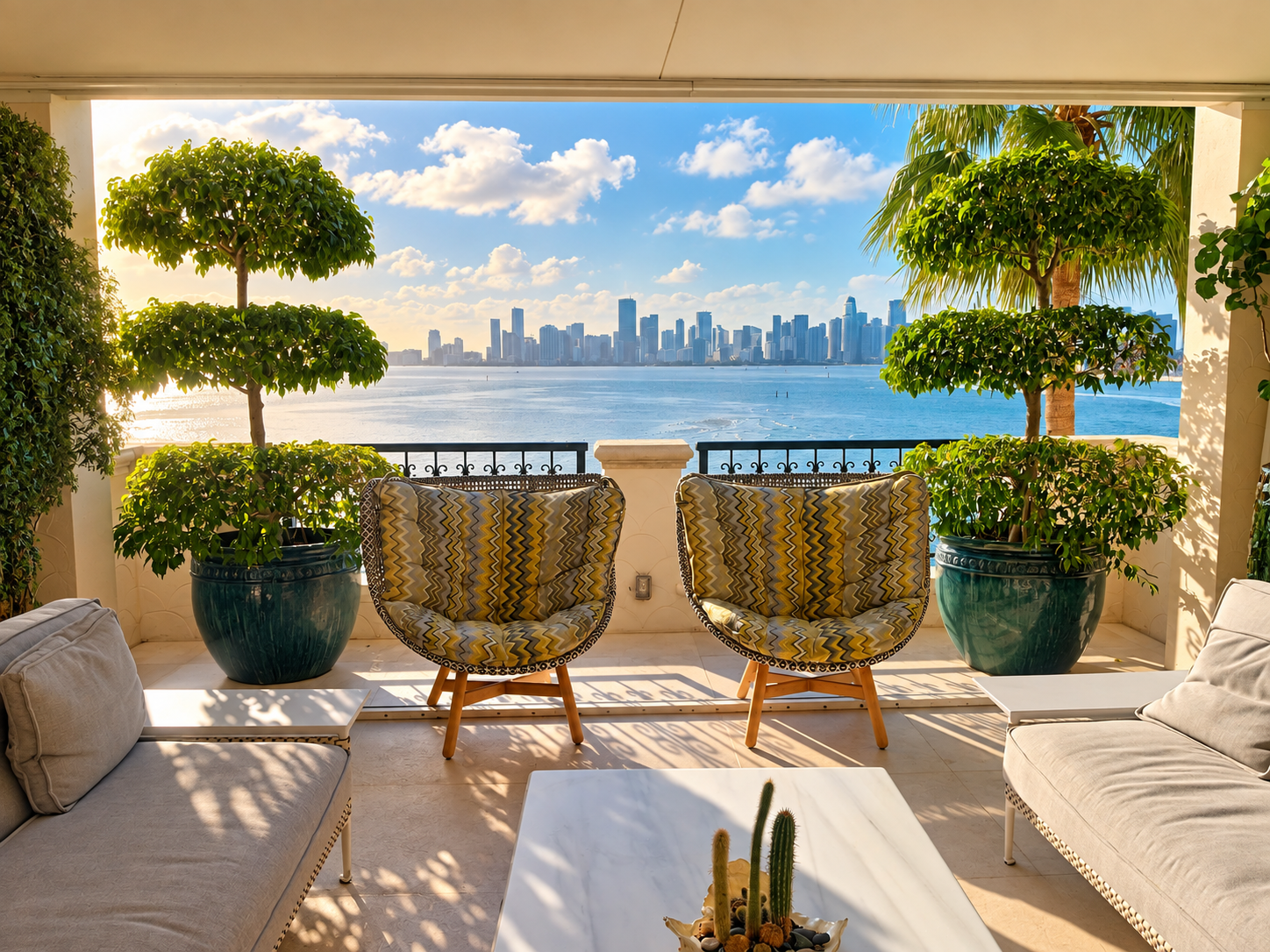 Waterfront terrace with sculpted topiary, designer seating, and a city skyline across the water